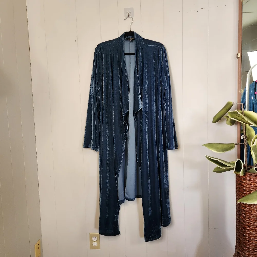 Suzanne Betro Blue Velvet Draped Duater Cardigan Long Boho Bohemian Formal - Picture 3 of 10